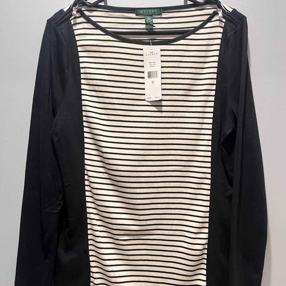 Women's Lauren Ralph Lauren  XL /White Black Striped Long‎ Sleeve Shirt Top NWT